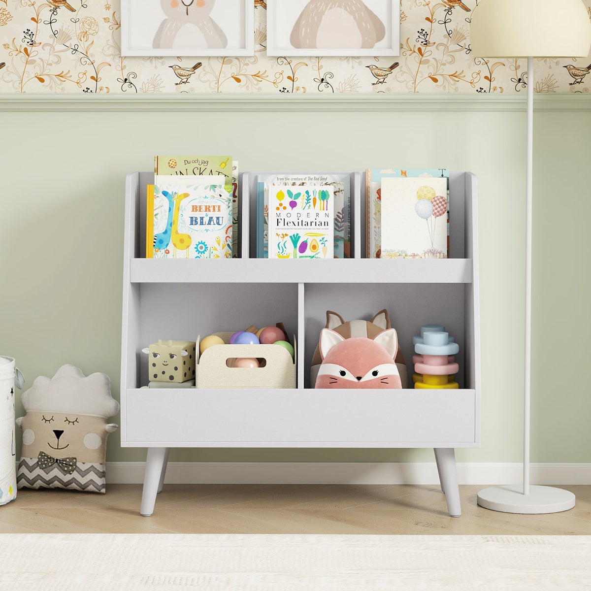 Kids storage furniture with a 5-cube bookshelf and toy organizer in colorful wood finish, ideal for kids' bedrooms or playrooms.