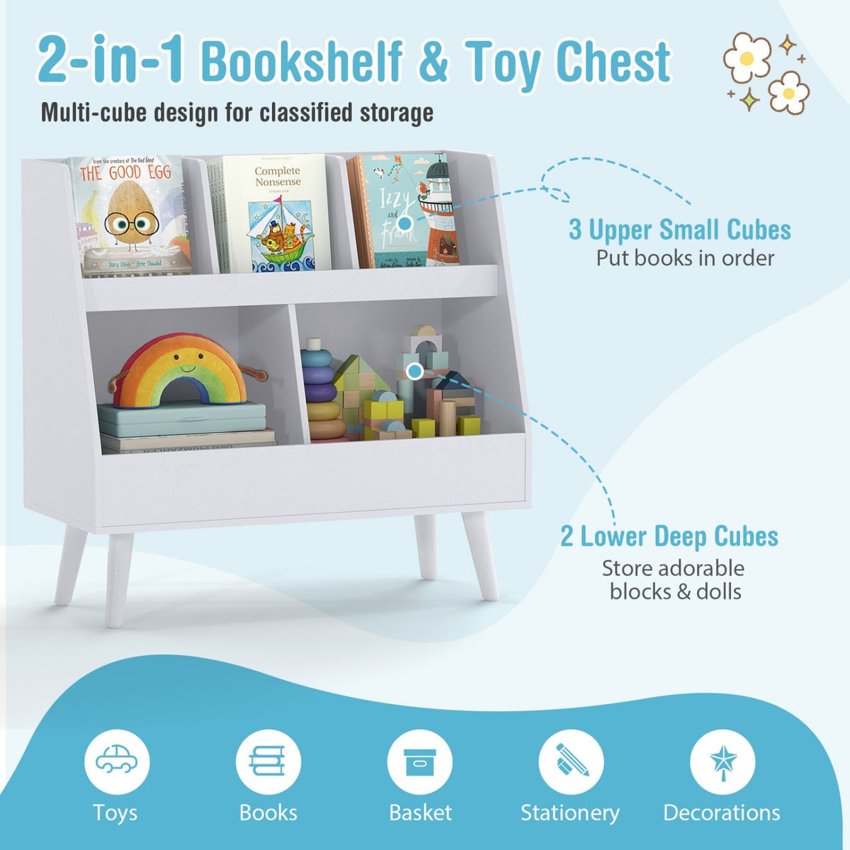 Kids storage furniture with a 5-cube bookshelf and toy organizer, made by GBruno Store for kids' bedroom organization.