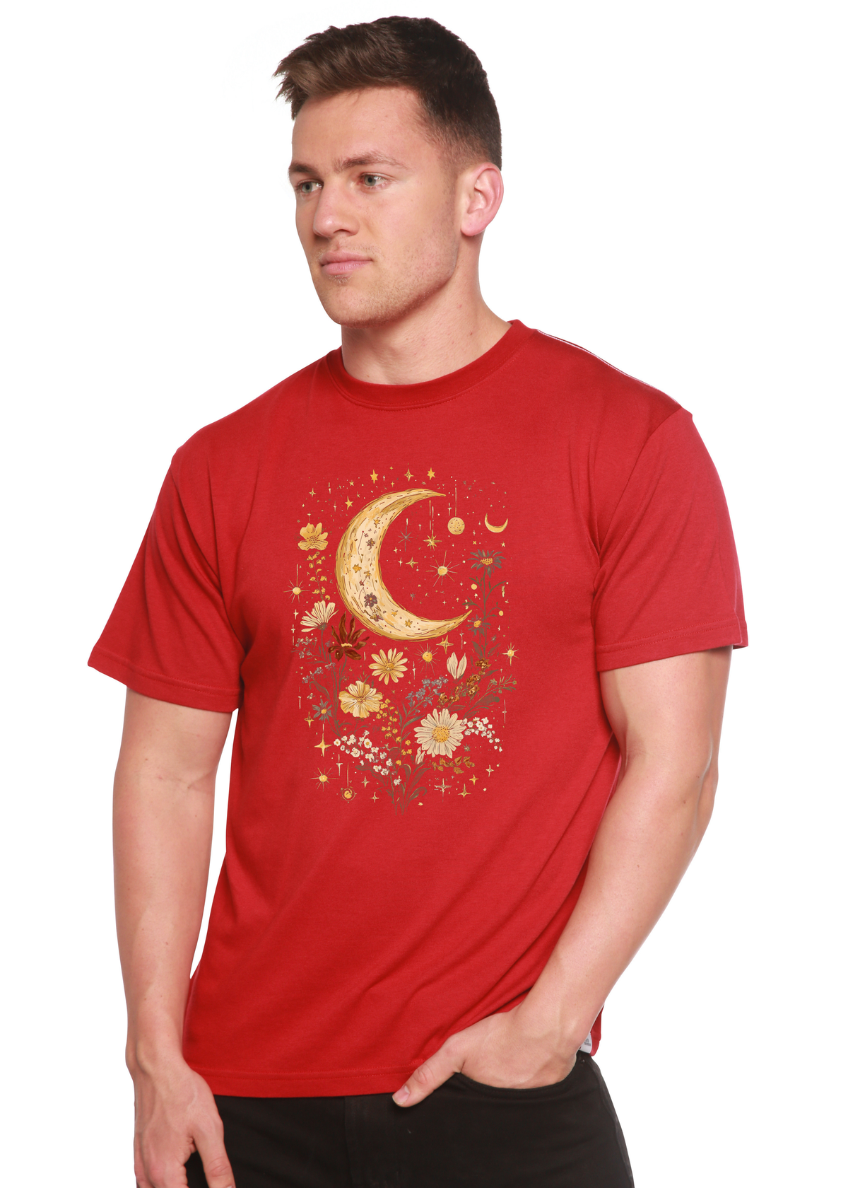 Mens printed T-shirt by Spun Bamboo featuring celestial moon, boho flowers, vintage graphic design on bamboo and cotton fabric.