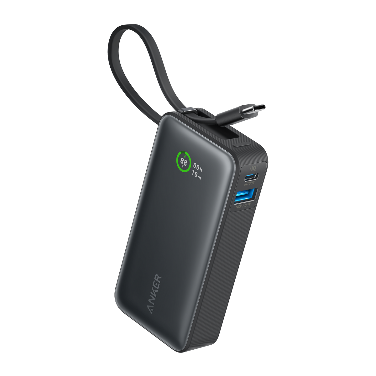 Anker Nano 30W power bank with built-in USB-C cable for charging devices on the go.
