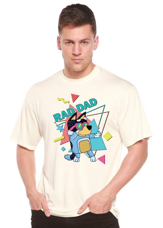 Spun Bamboo Rad Dad Bluey men's bamboo short sleeve graphic T-shirt with Bluey print and colorful design.