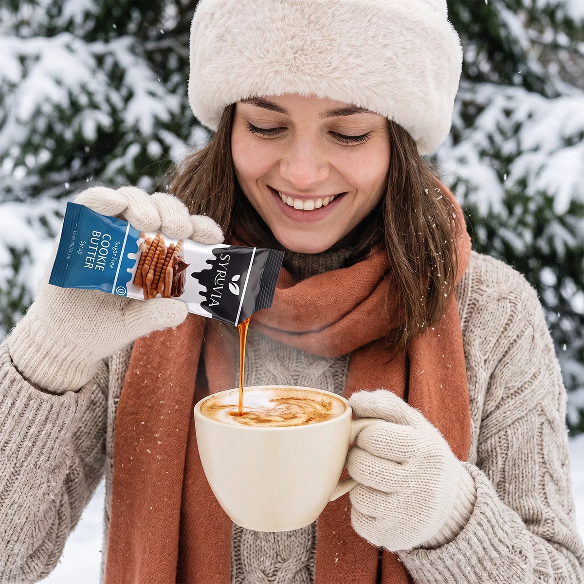 Syruvia Sugar-Free Syrup Pouch with brown sugar cinnamon, pumpkin spice, and cookie butter flavors, in a flexible pouch packaging.