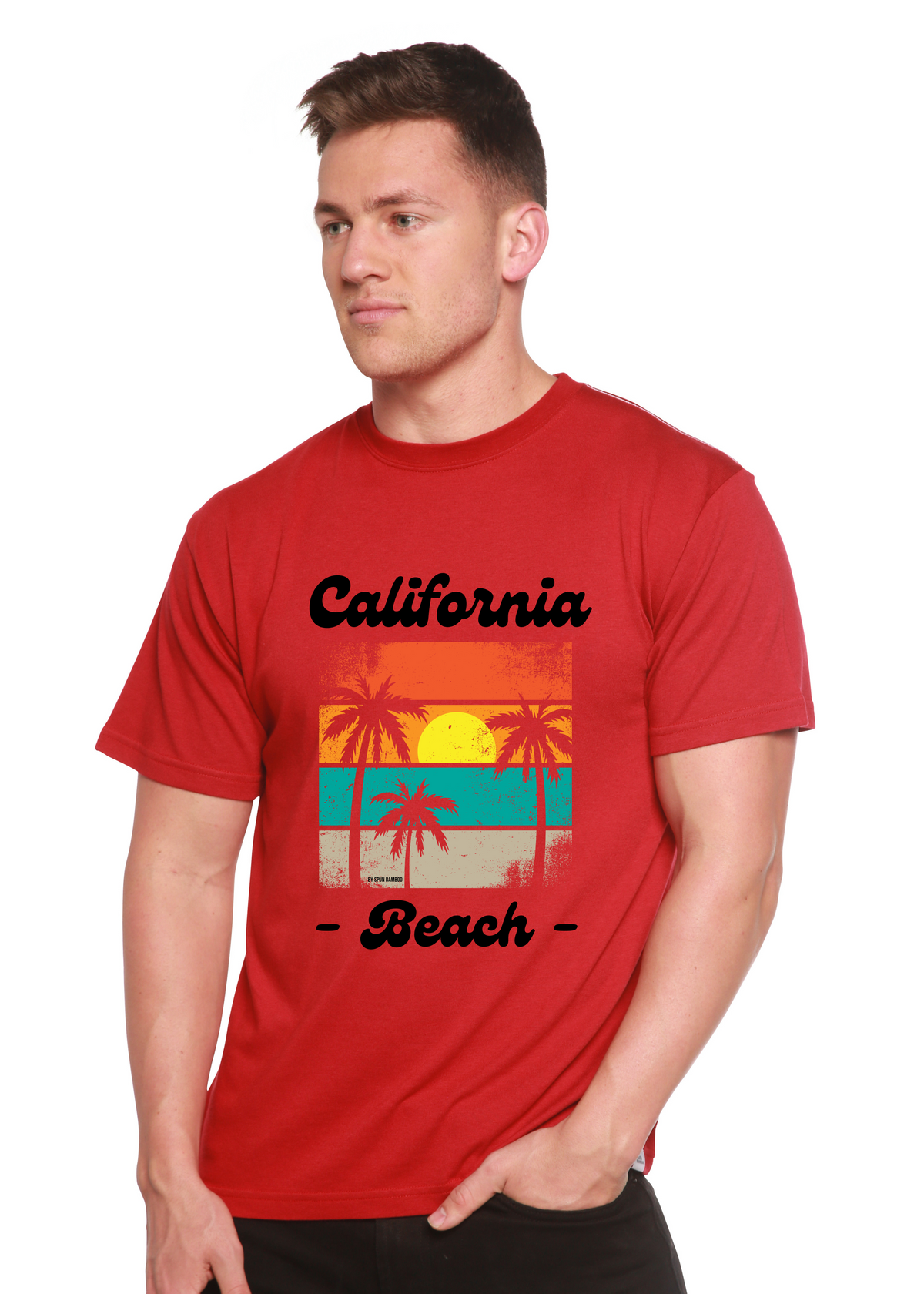 Spun Bamboo men's printed T-shirt featuring California Beach graphic in bamboo viscose and organic cotton, short sleeve design.