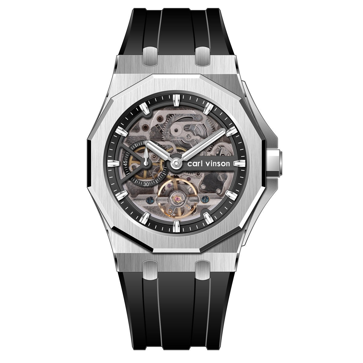 Fully automatic luminous mechanical alloy watch with decorative hollow silicone strap