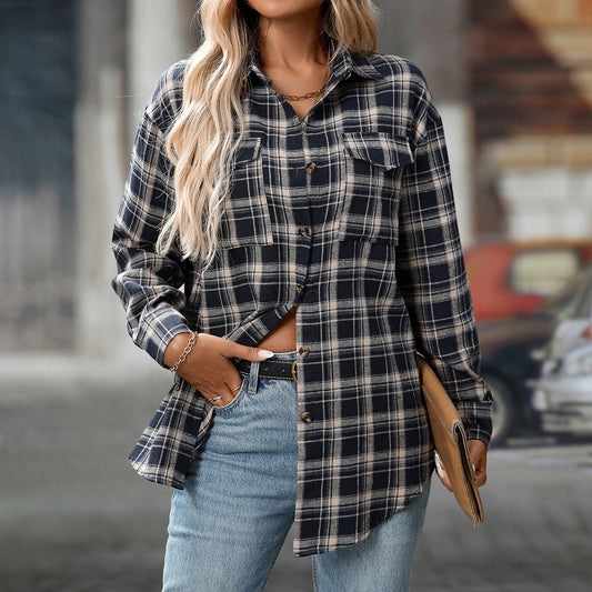 Women's casual loose plaid pocket shirt, autumn and winter European and American fashion style