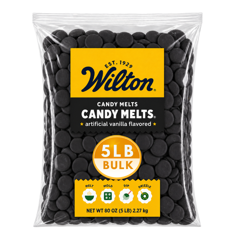 Black chocolate confectionery melting wafers in a 5lb bulk bag from Candy In Bulk, perfect for candy making and baking.
