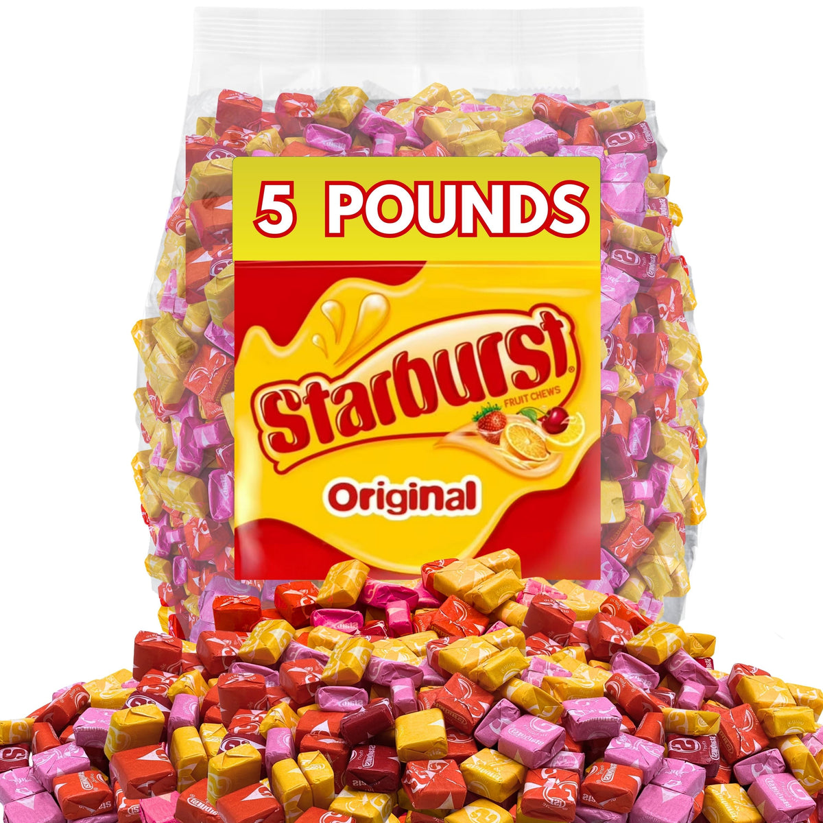 Assorted Starburst Original Fruit Chews in a 5lb bulk bag, colorful candy pieces from Candy In Bulk.