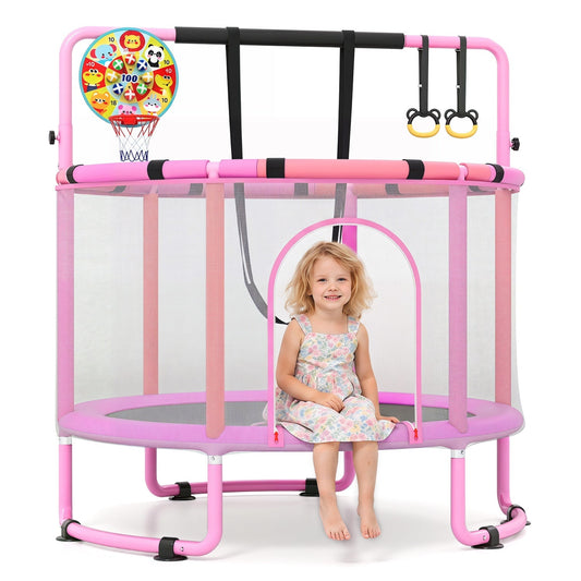 60-inch kids trampoline with adjustable gymnastics bar, featuring a safety net and padded frame for indoor active play.