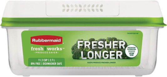 Rubbermaid FreshWorks large clear produce storage container with lid, 11.3-cup capacity, ideal for fresh fruits and vegetables.