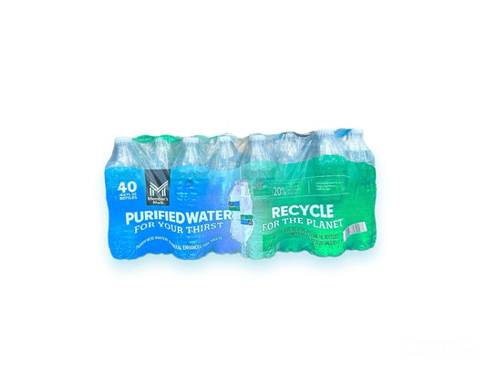 Bulk pack of 1920 bottles of MM purified drinking water, 16.9oz each, in 48 cases, by generic brand.
