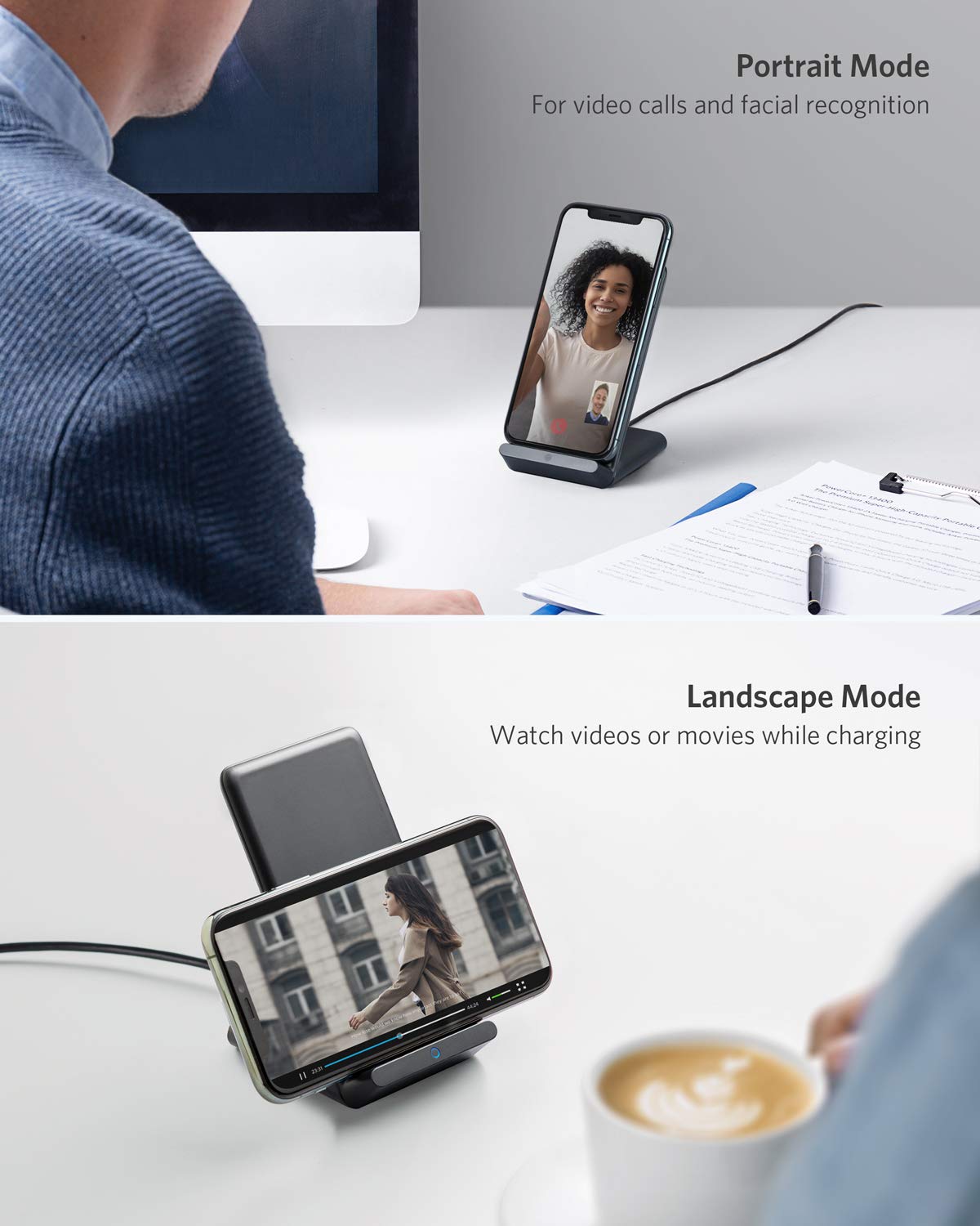 Anker 313 Wireless Charging Stand for fast charging smartphones with sleek black design and easy-to-use stand format.