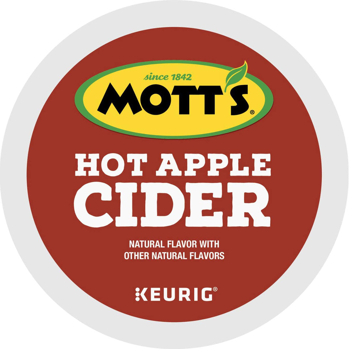 KupofK Coffee Mott's Hot Apple Cider Tea K-cup pack showing individual tea pods with vibrant apple and cinnamon packaging.