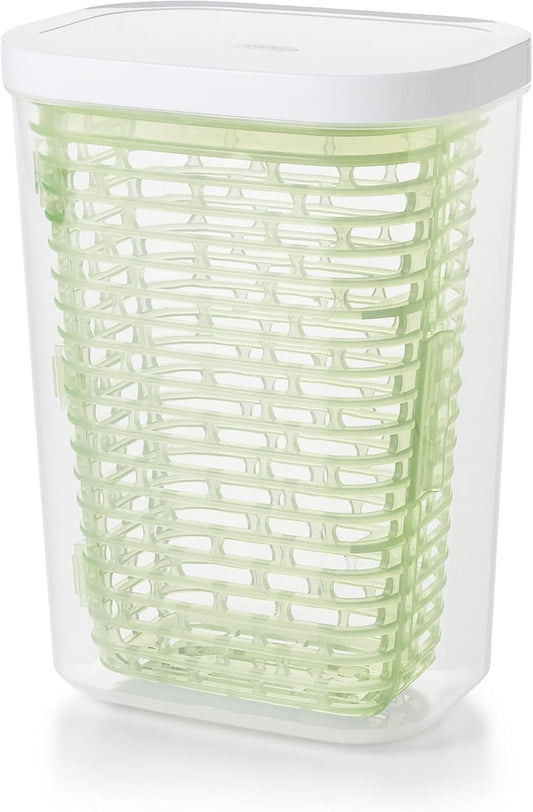Large white OXO Good Grips GreenSaver produce keeper for fresh fruit and vegetables storage.