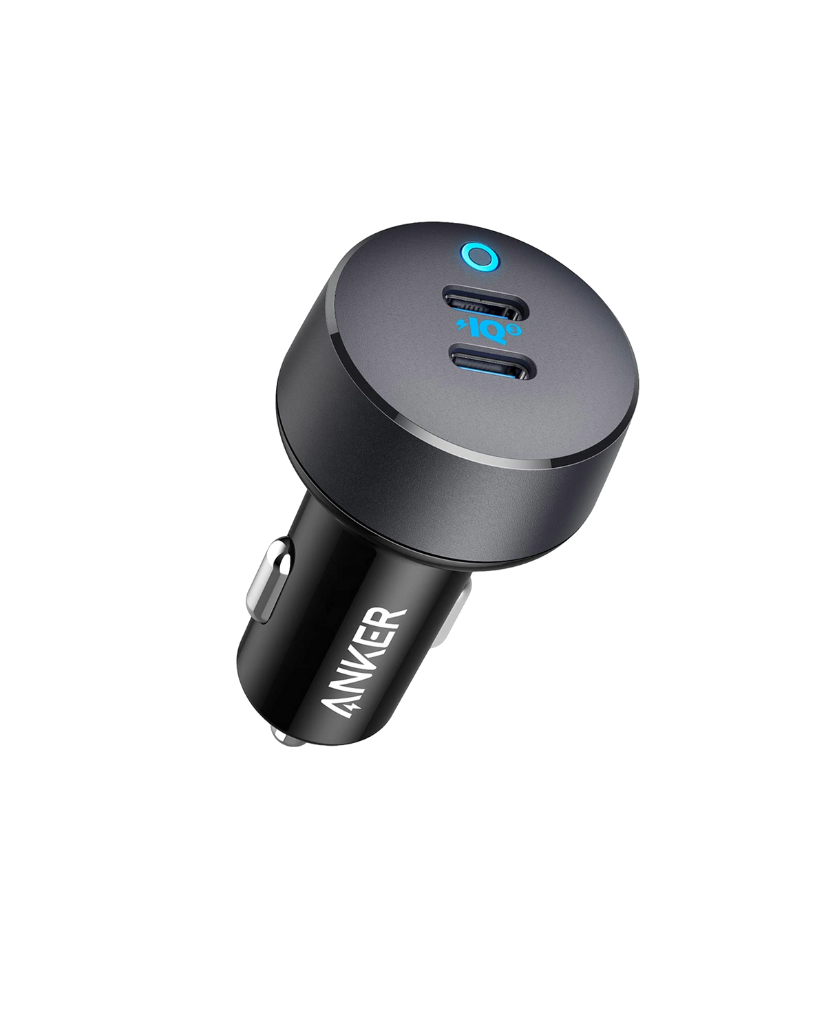 Anker PowerDrive III Duo USB-C car charger with two USB-C ports for fast device charging in a vehicle.