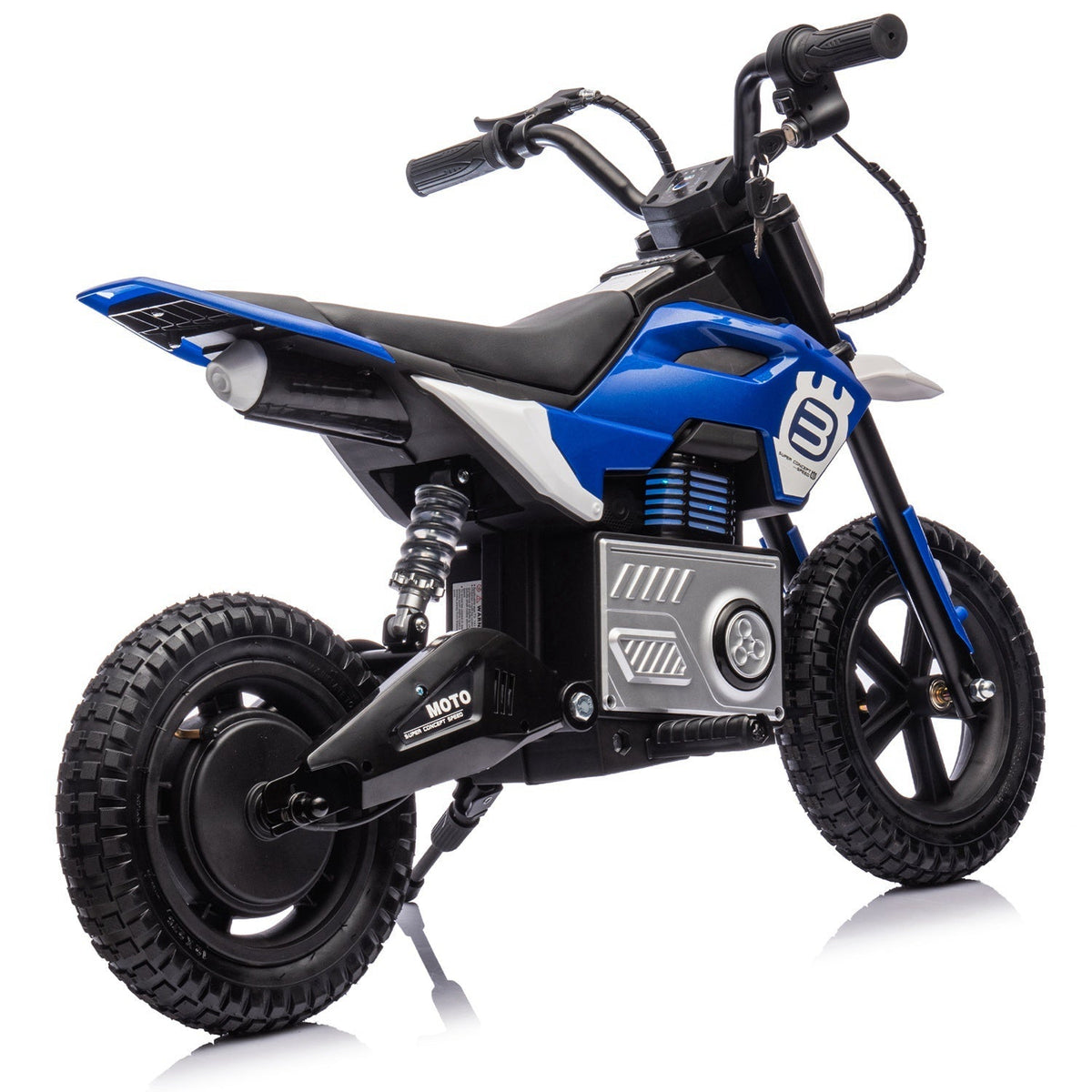 Kids riding a 24V GBruno Store electric motocross toy motorcycle, designed for children ages 5 to 12, on a smooth outdoor surface.