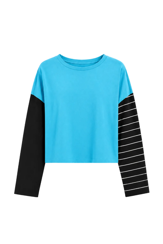 Front view of PLANET by Lauren G Pima Cotton Mixed Media Mini Luxury Boxy T-Shirt in Capri, featuring a stylish, relaxed fit.