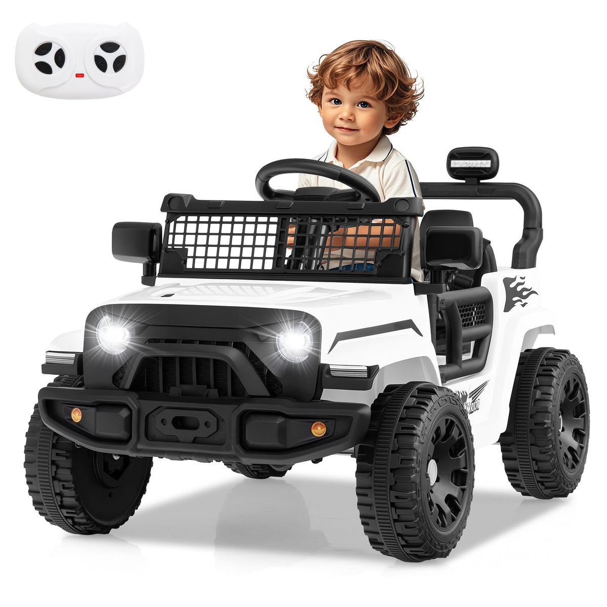 Green 12V kids ride-on truck with realistic design, battery-powered electric vehicle for children, GBruno Store product.