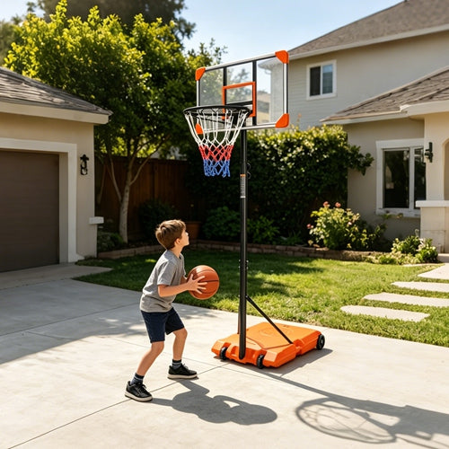 Kids basketball hoop by GBruno Store, adjustable 5.6-7ft height with wheels, suitable for outdoor play.