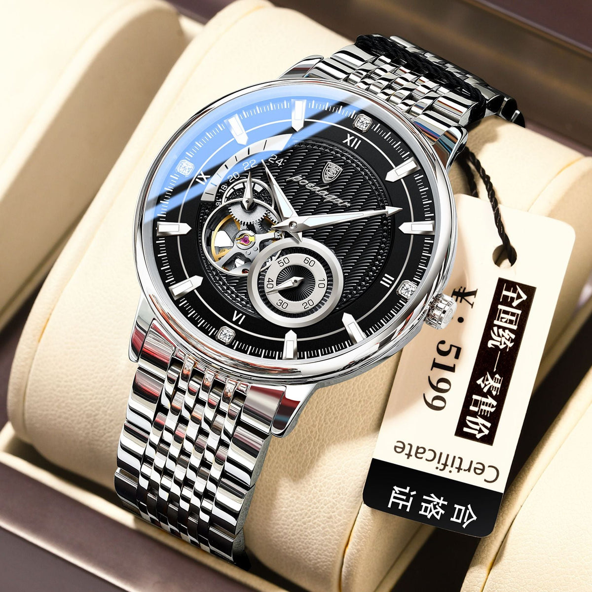 Fully automatic waterproof luminous mechanical men's watch with glowing hands and detailed dial