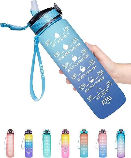 Giotto 32oz BPA-free water bottle with orange and green ombre design, leakproof lid, straw, and time marker for active hydration.
