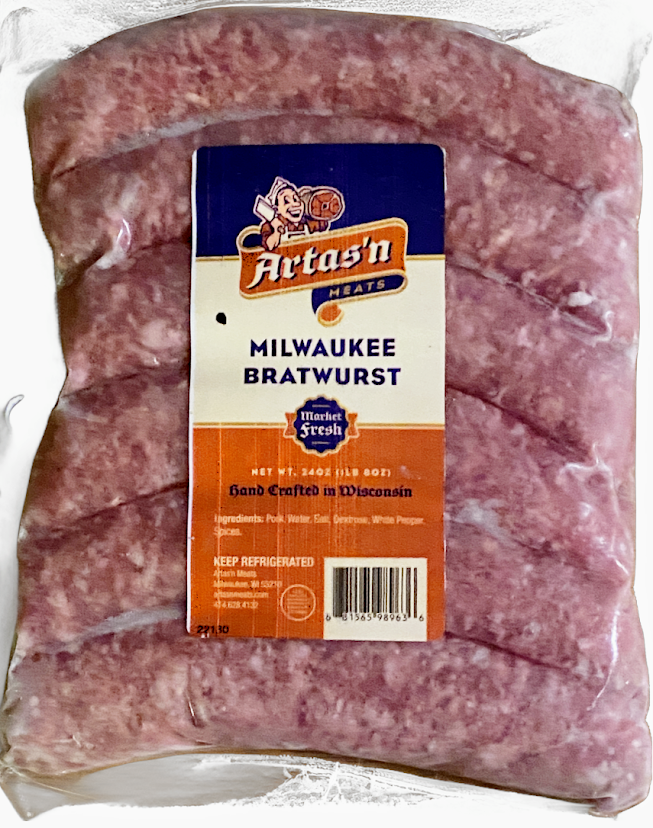 Fresh Milwaukee bratwurst sausage from Artas'n Meats, showing plump, raw sausages ready for cooking.