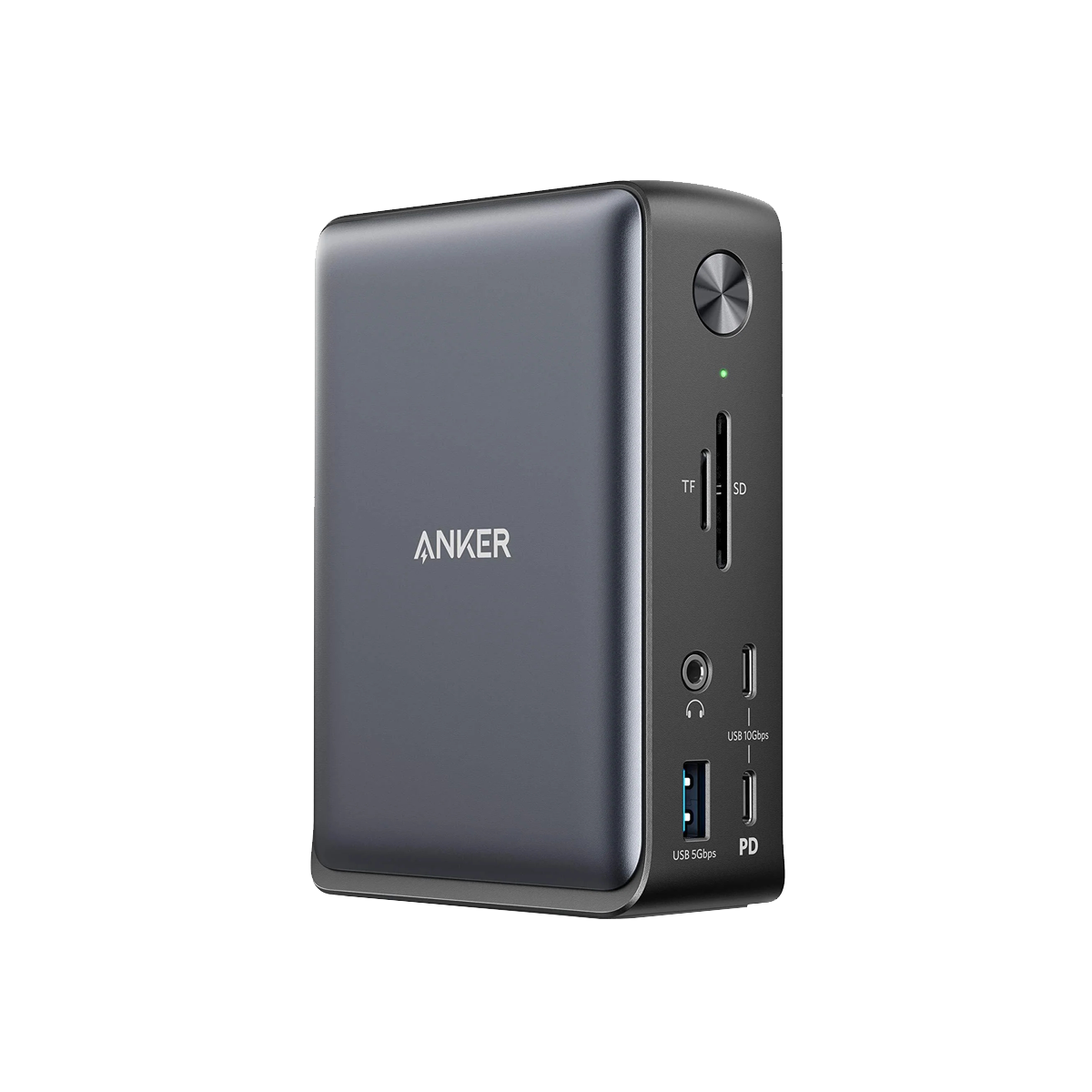 Anker 575 USB-C Docking Station showing multiple ports for charging and connectivity on a sleek black device.
