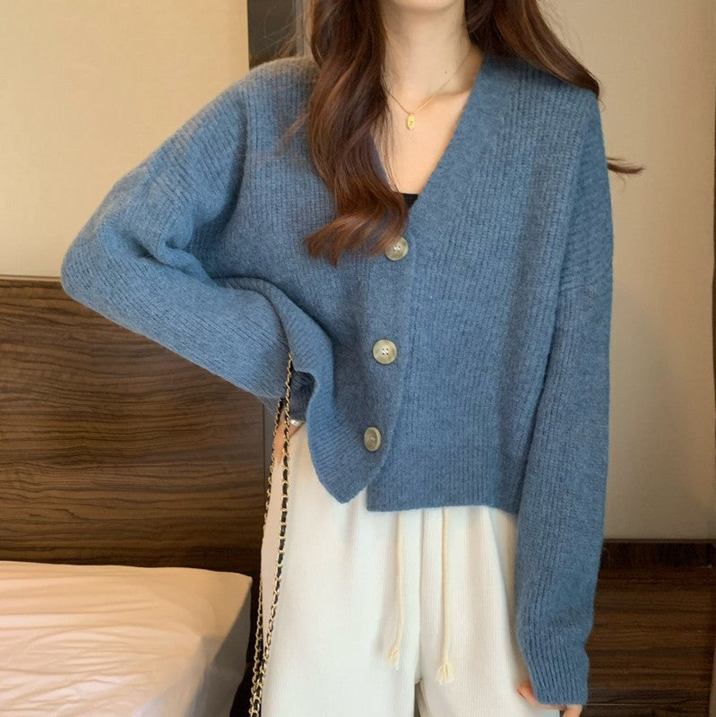 Women's Korean-style V-neck long-sleeved solid color sweater cardigan top coat by My Store