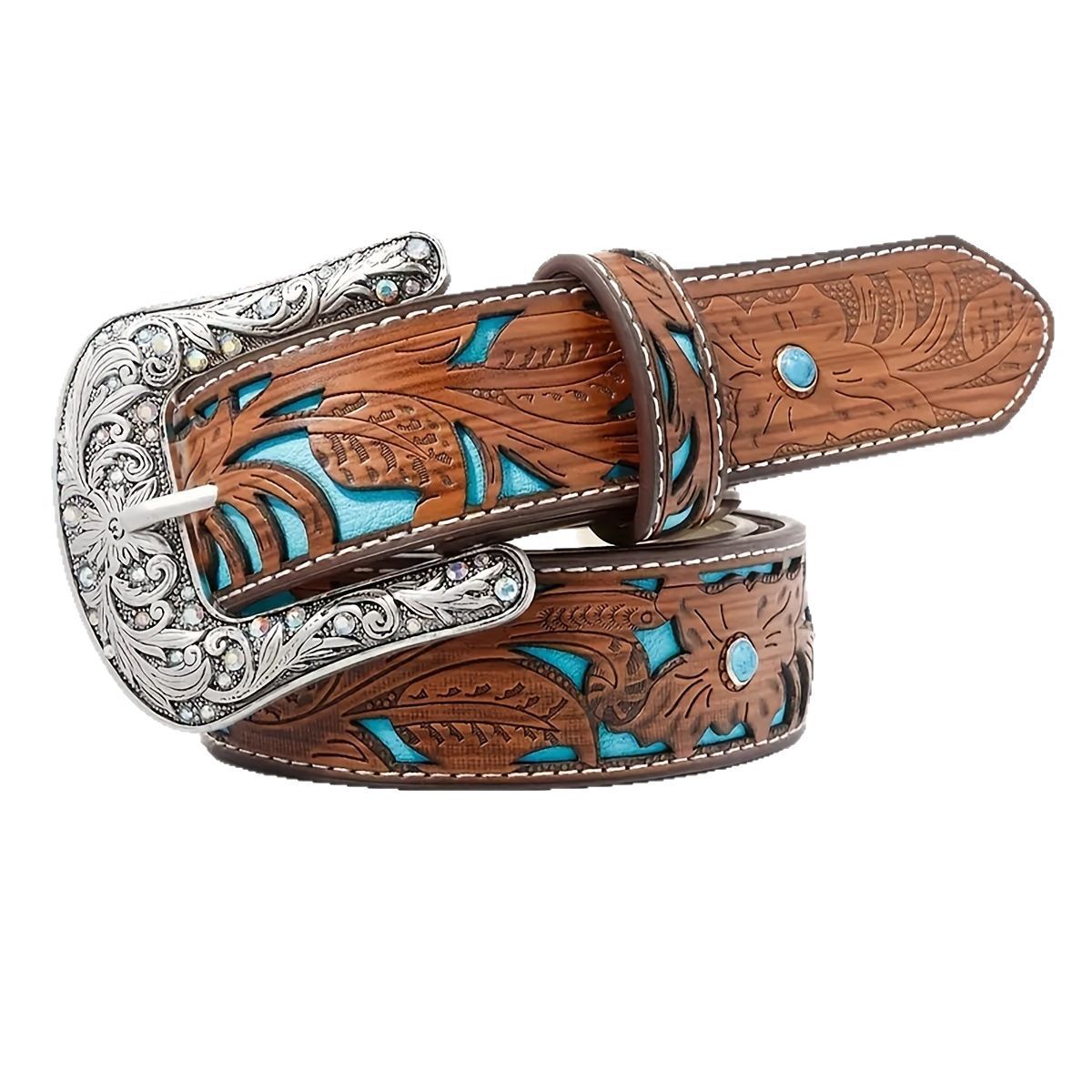 Turquoise carved leather belt with Western-style buckle for jeans, versatile spring, summer, autumn, and winter wear