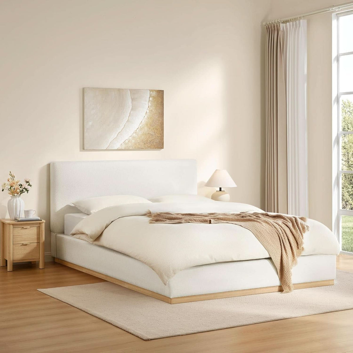 Queen size luxurious upholstered platform bed frame from ShipItFurniture, showcasing a plush fabric headboard and sleek design.