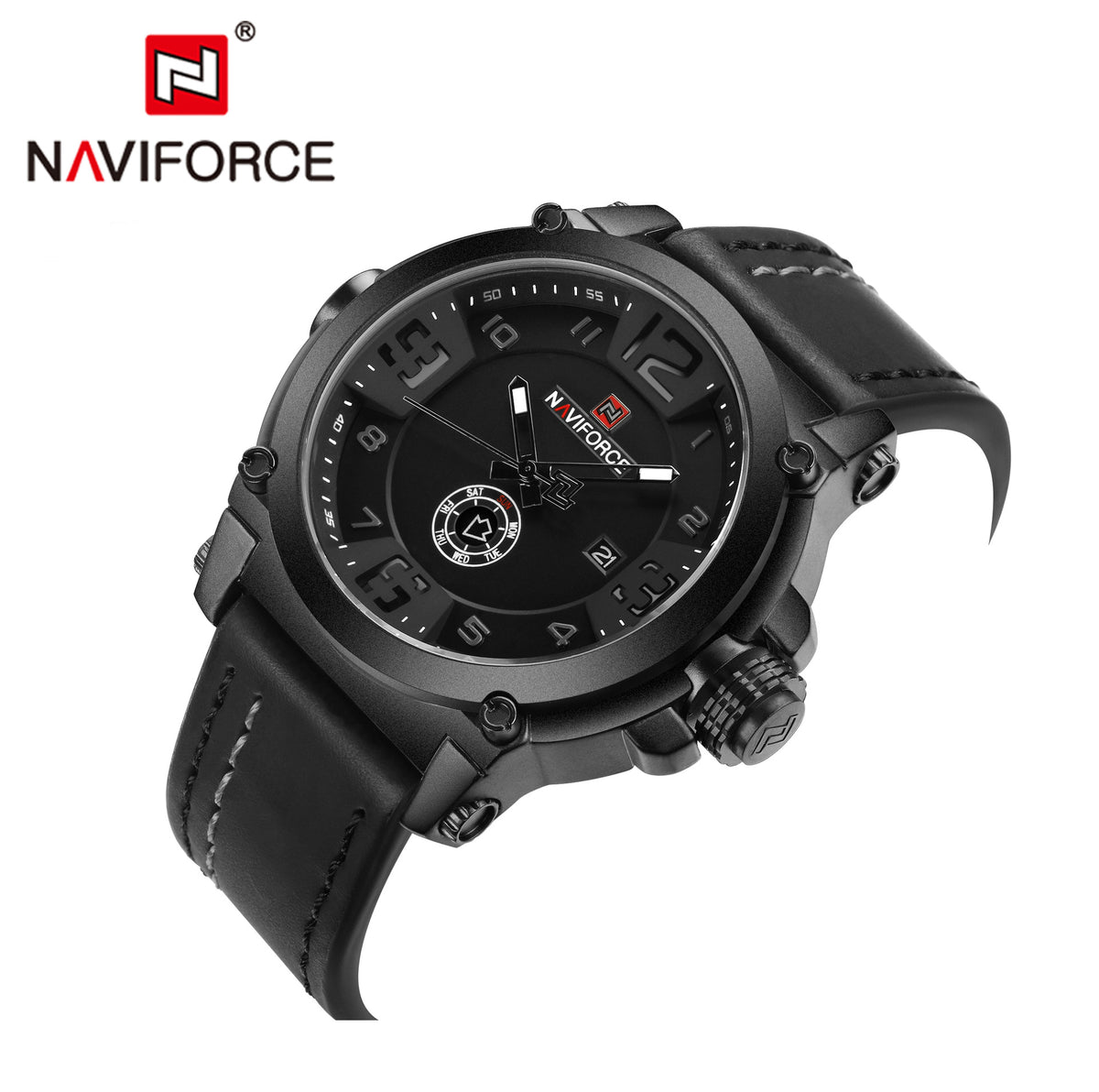 NAVIFORCE 9099 men's waterproof quartz watch with black dial and stainless steel band, showcasing the stylish timepiece.