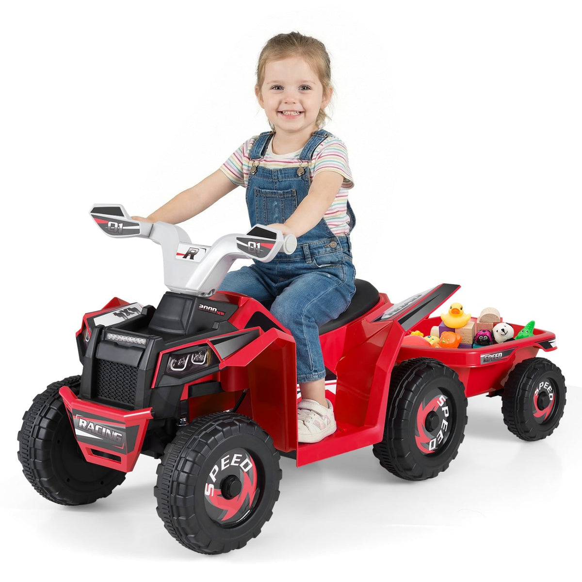 Kids riding a GBruno Store 6V electric ATV quad with a detachable trailer, suitable for children’s outdoor play and adventures.