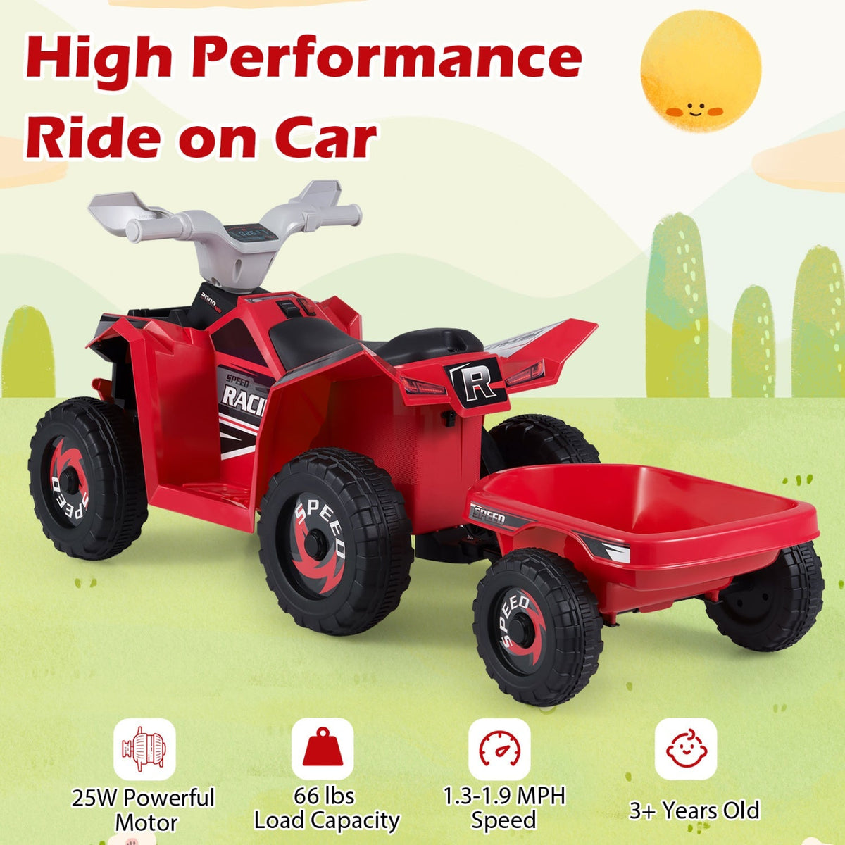 Kids electric ATV quad with detachable trailer, 6V ride-on toy from GBruno Store, featuring colorful design and sturdy wheels.