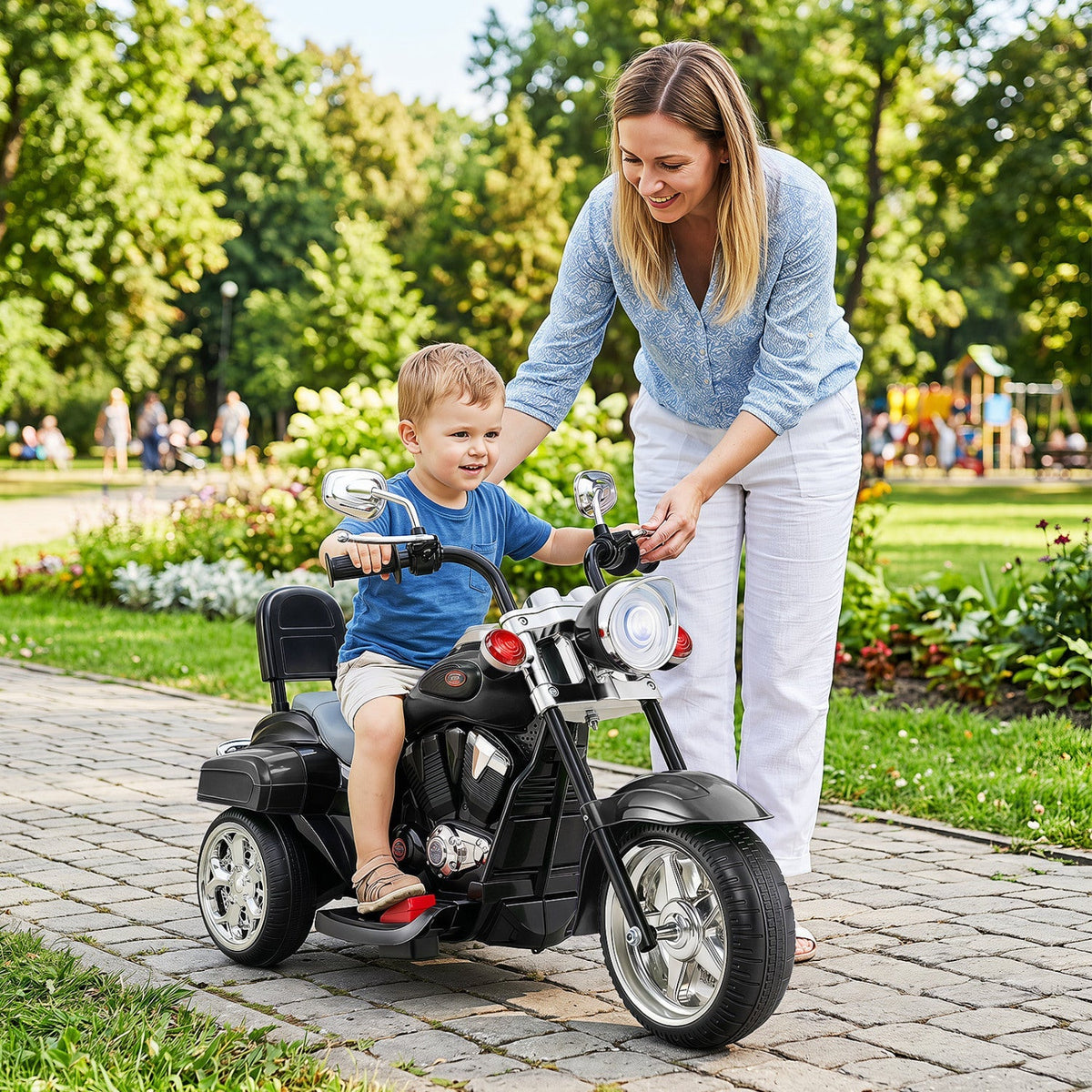 Three-wheel electric ride-on motorcycle toy for toddlers by GBruno Store, featuring a colorful design suitable for ages 3 and up.