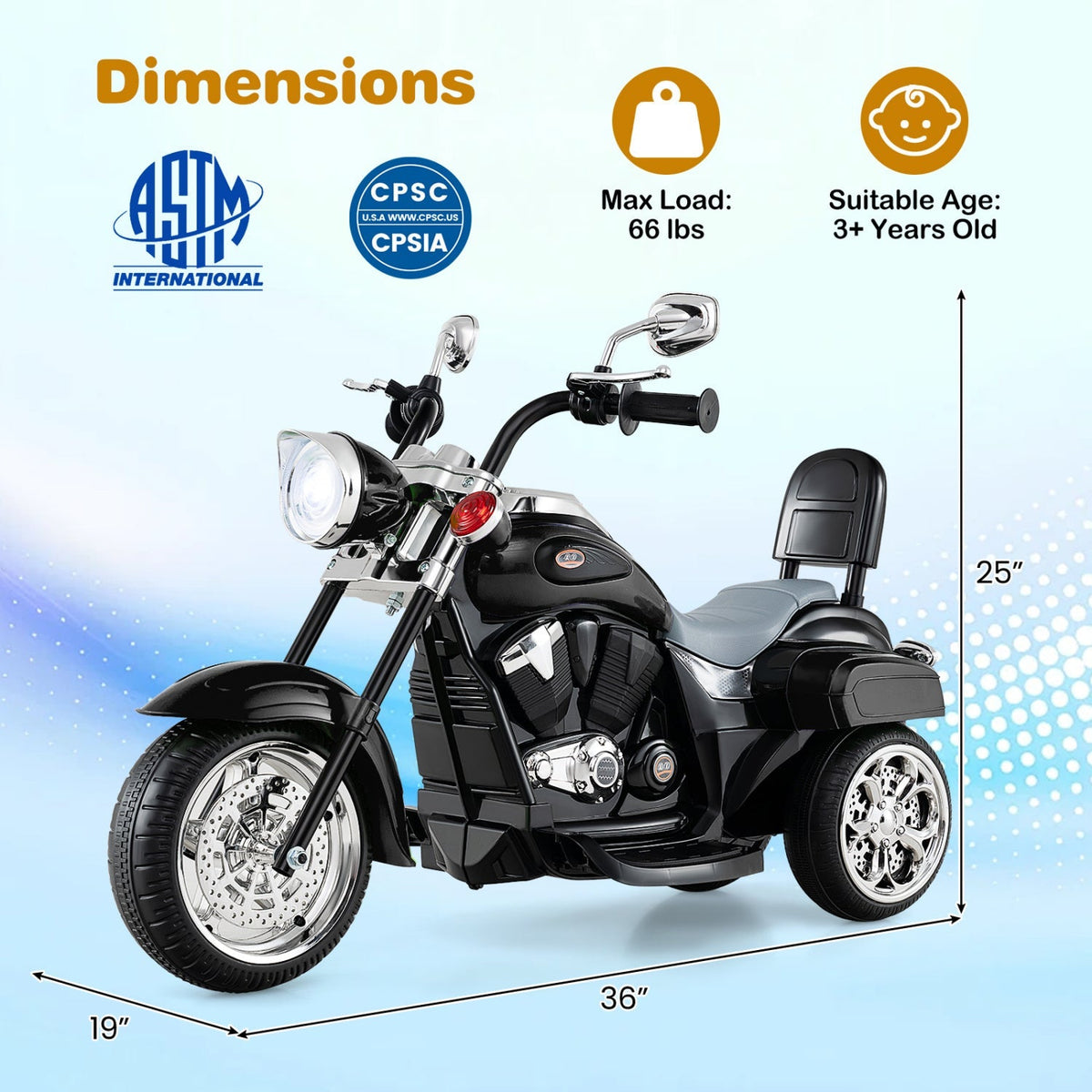 Three-wheeled GBruno Store electric ride-on toy motorcycle for toddlers age 3+, featuring a 6V battery and colorful design.