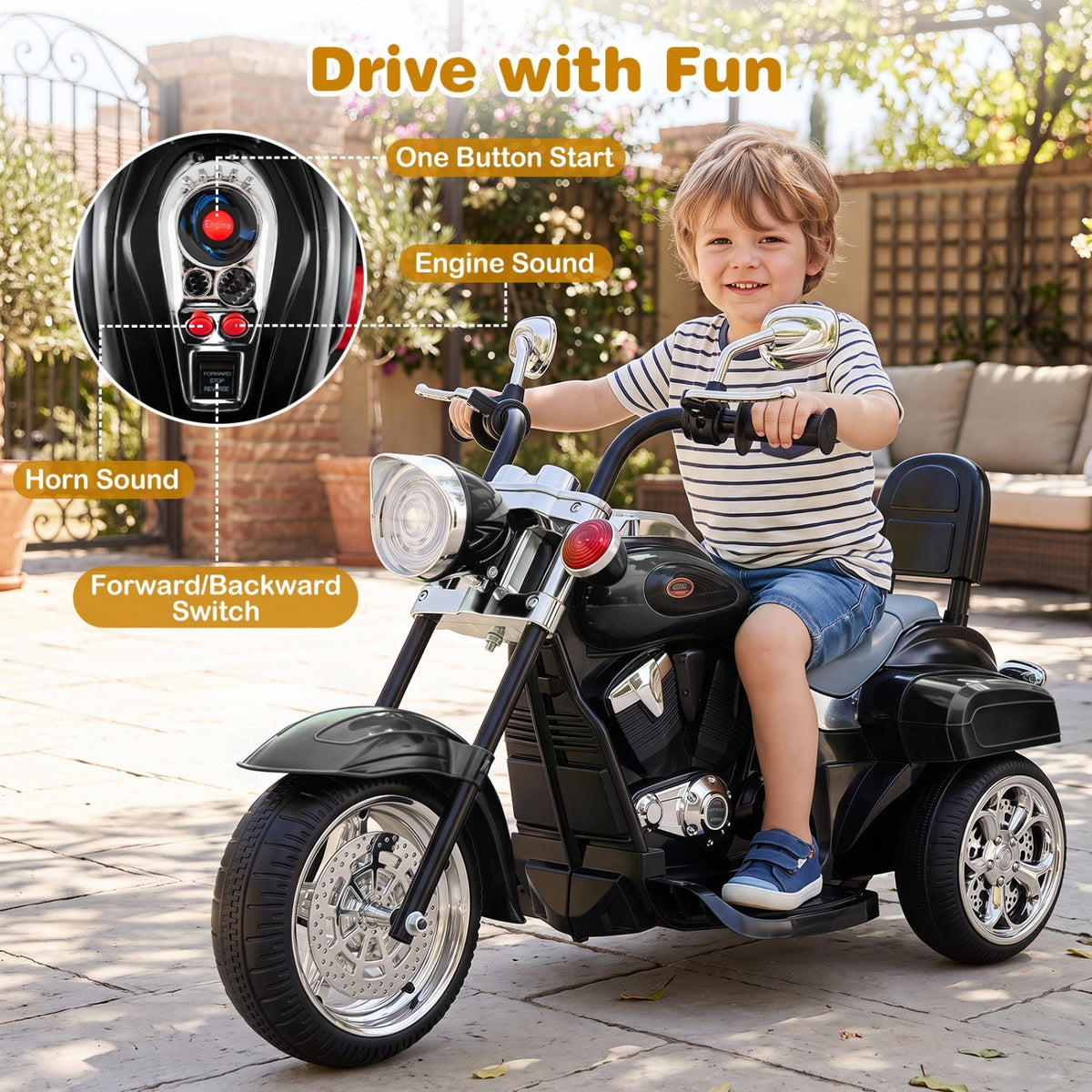 3-wheel electric ride-on toy for toddlers by GBruno Store, featuring a colorful design and safety features for children aged 3+.