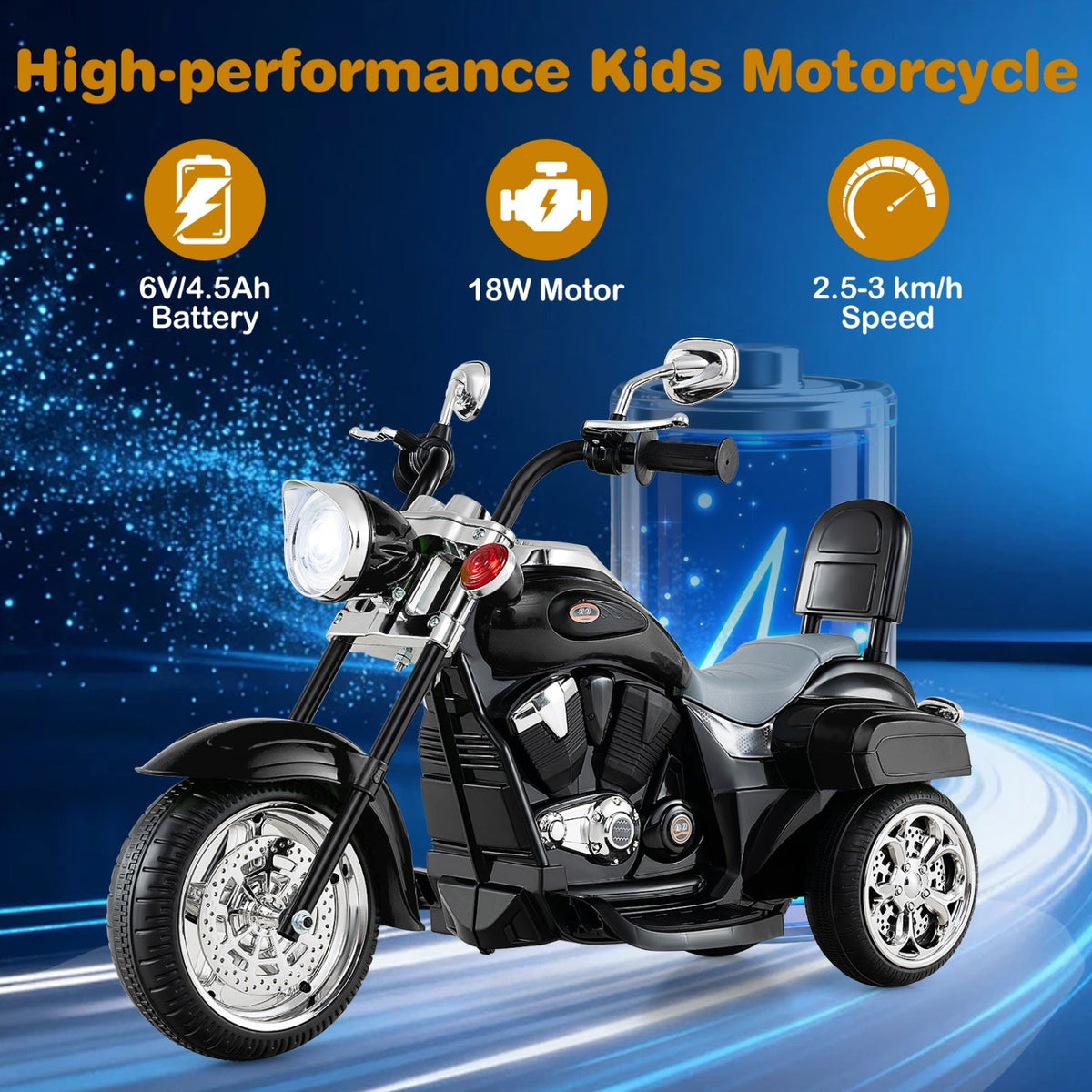 3-wheel electric ride-on toy motorcycle for toddlers, GBruno Store, with colorful design and safety features for children aged 3 and up.