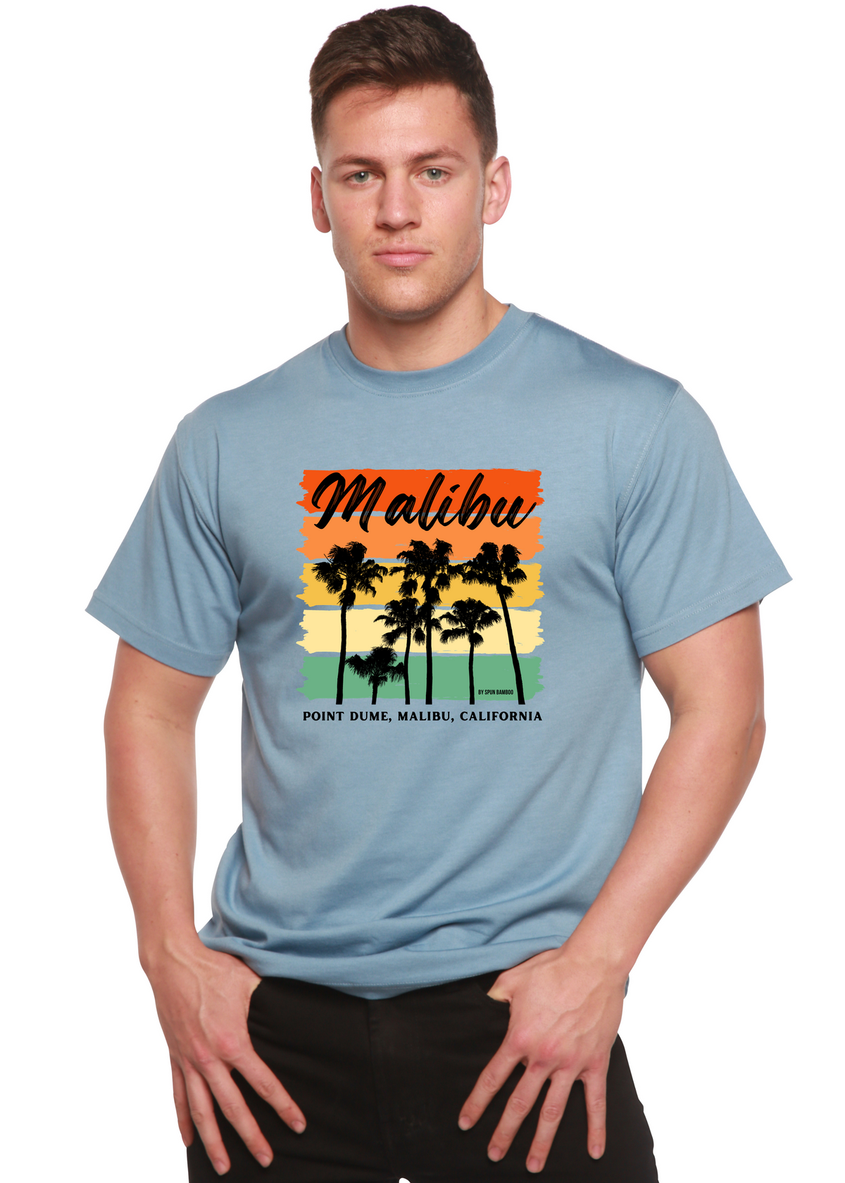 Spun Bamboo Malibu unisex graphic T-shirt with short sleeves, featuring printed bamboo viscose and organic cotton fabric.