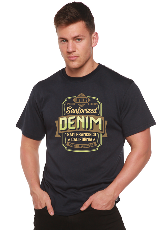 Spun Bamboo men's printed short sleeve T-shirt made from Sanforized denim with bamboo viscose and organic cotton, featuring graphic design.