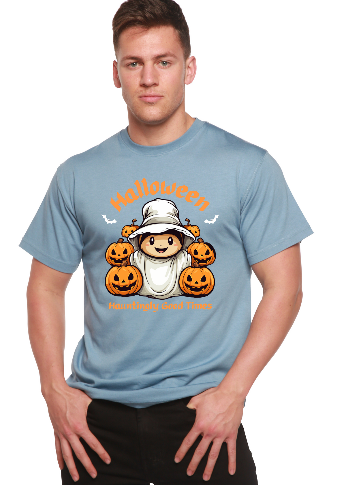 Men's Halloween-themed graphic T-shirt by Spun Bamboo, featuring spooky design on short sleeve bamboo viscose organic cotton fabric.