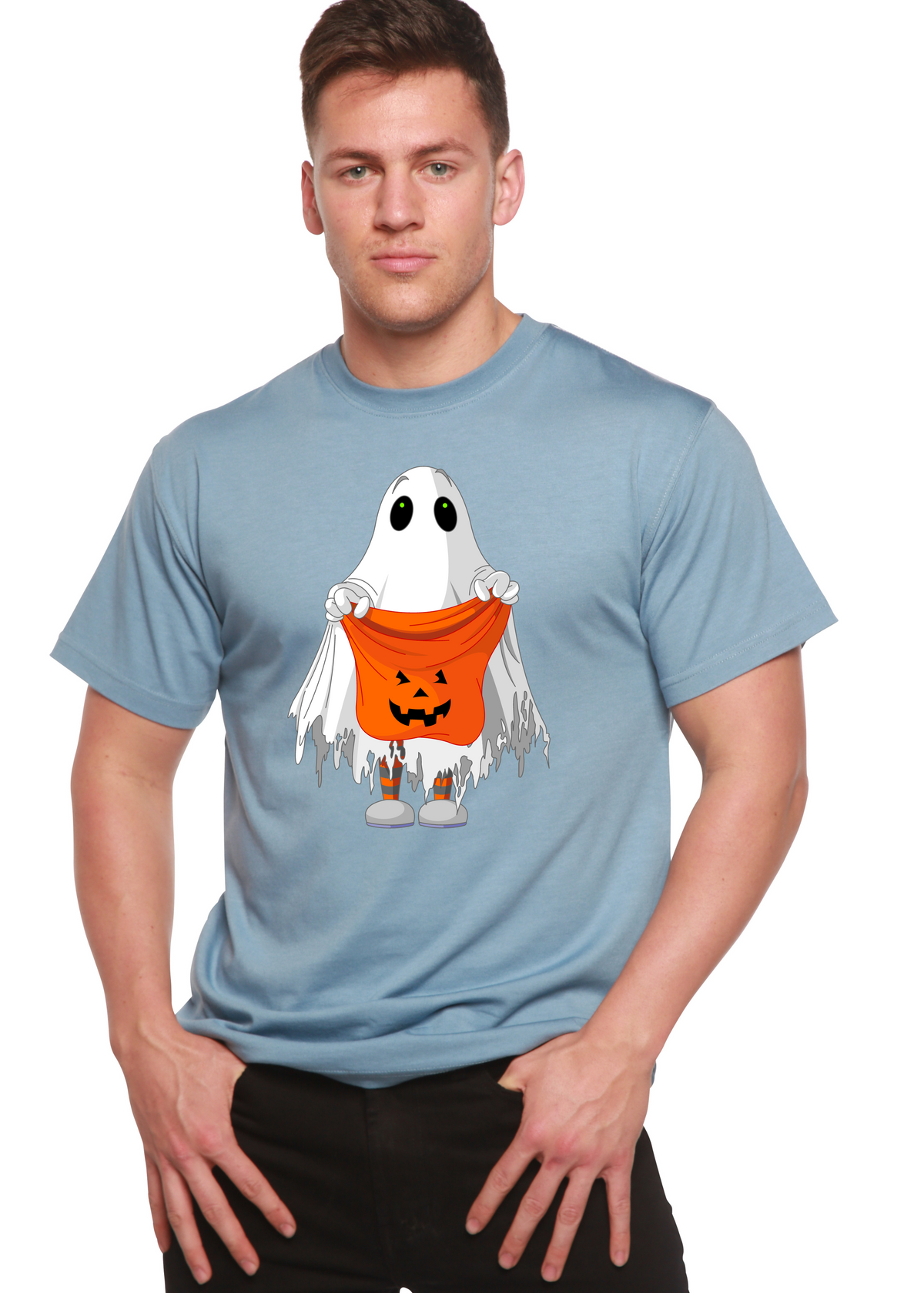 Spun Bamboo men's Halloween graphic T-shirt made of bamboo viscose and organic cotton, featuring printed spooky designs.