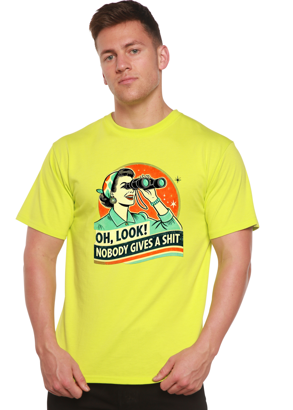 Mens printed graphic T-shirt by Spun Bamboo featuring humorous retro woman design in bamboo and cotton fabric.