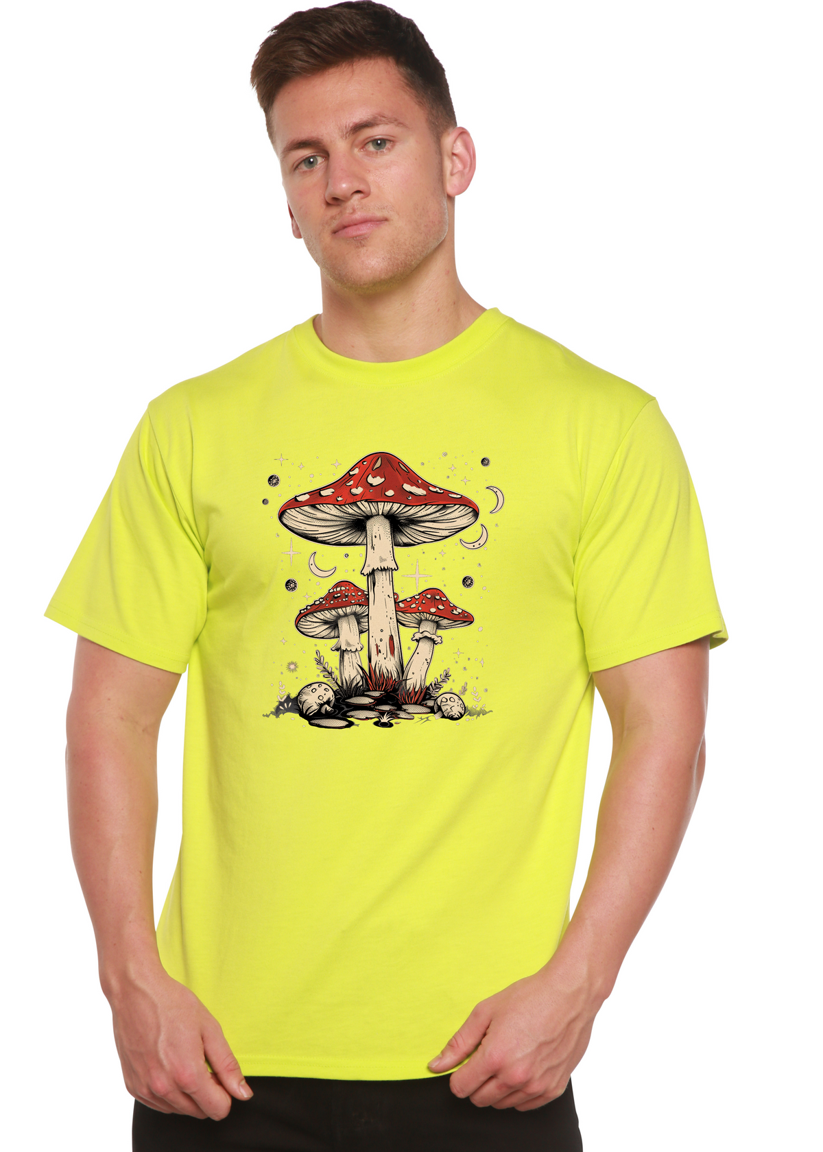 Men's Boho Retro Hippie Mushrooms graphic T-shirt by Spun Bamboo featuring natural bamboo and cotton fabric with colorful mushroom print.