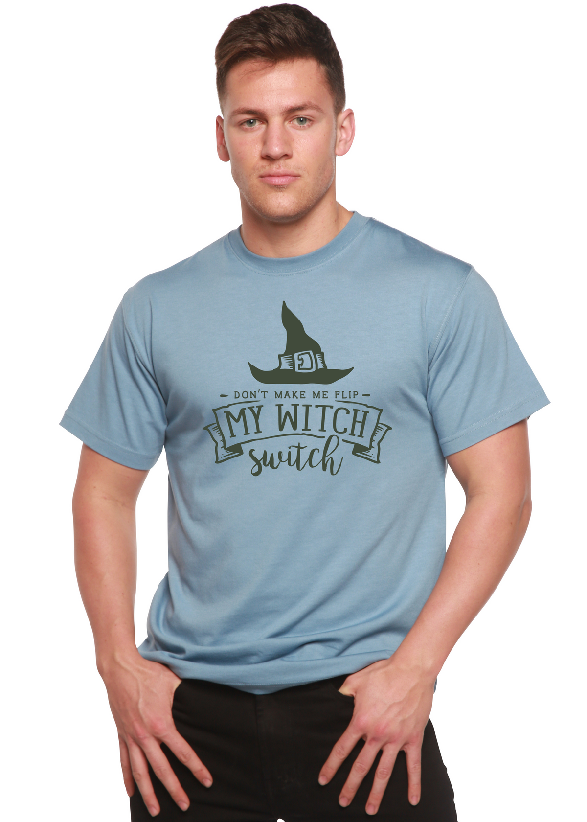 Spun Bamboo men's short sleeve graphic T-shirt featuring "My Witch" print in bamboo viscose and organic cotton fabric.