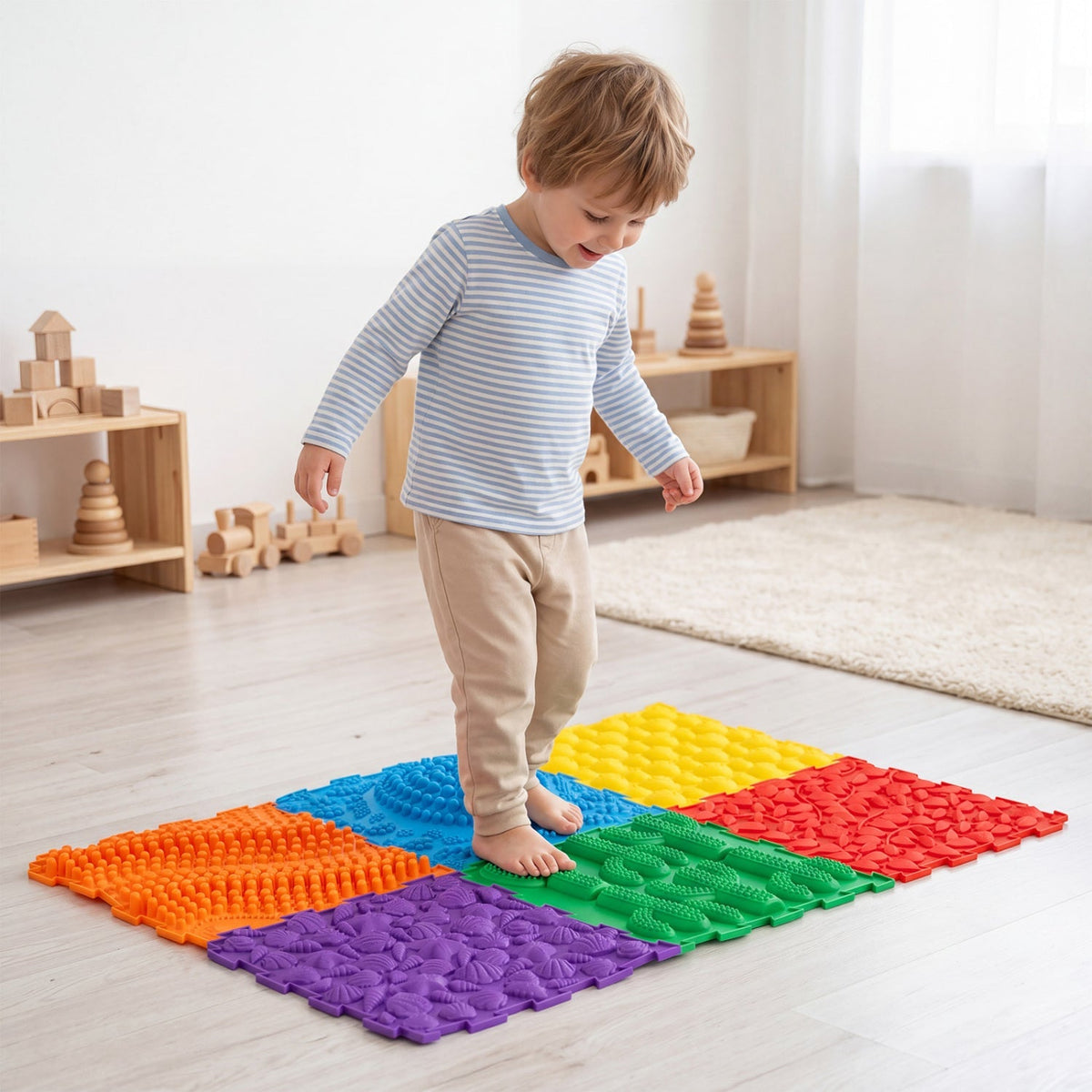 Six interlocking sensory baby playmats with textured surfaces from GBruno Store, designed for safe and engaging tummy time.