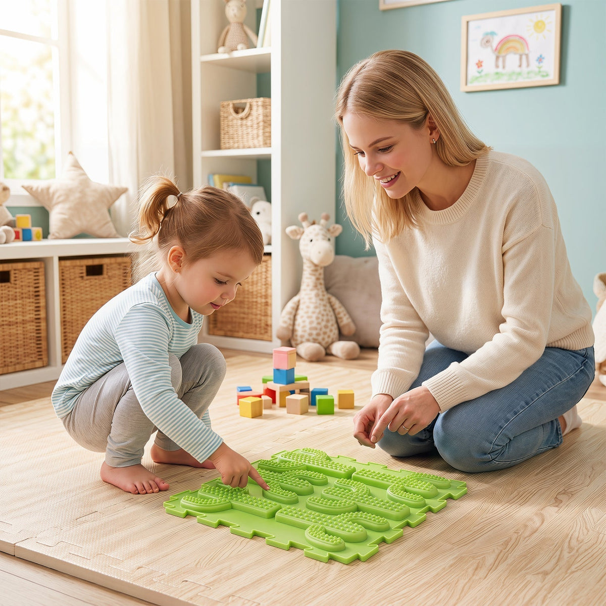 Six interlocking sensory baby gym mats from GBruno Store with textured surfaces for tummy time and play.