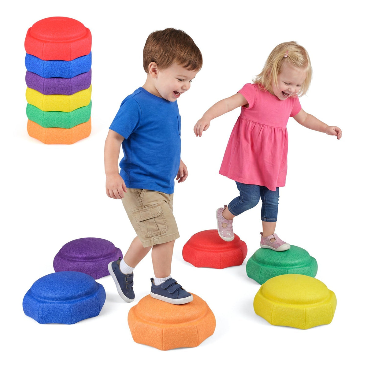 Six colorful GBruno Store stepping stones for kids' balance training, arranged in a playful pattern on a wooden floor.