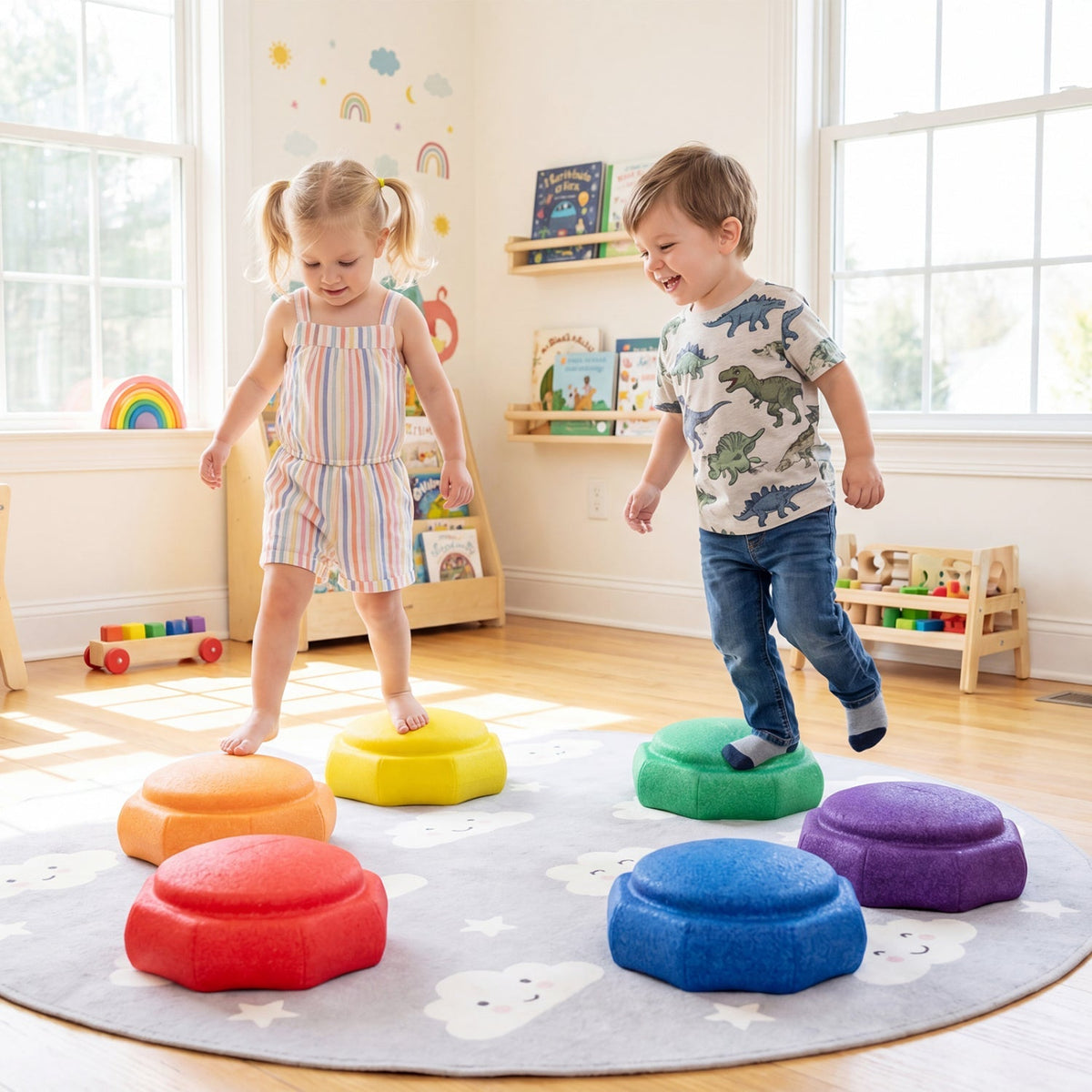 Six colorful GBruno Store balancing stepping stones for kids, part of a 6-piece balance training toy set on a wooden floor.