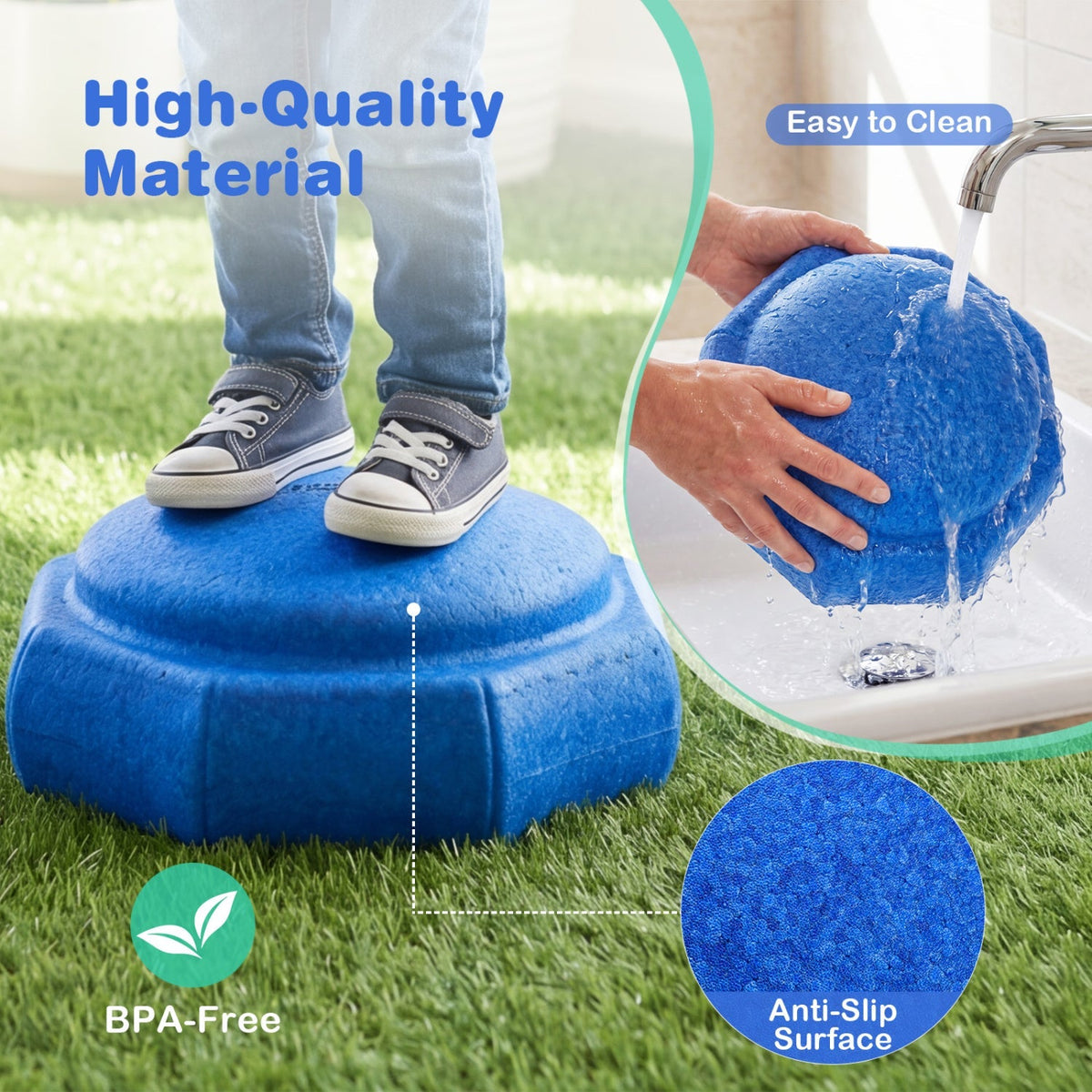 Six colorful GBruno Store stepping stones for kids balance training toy, arranged on a wooden floor for indoor play and exercise.