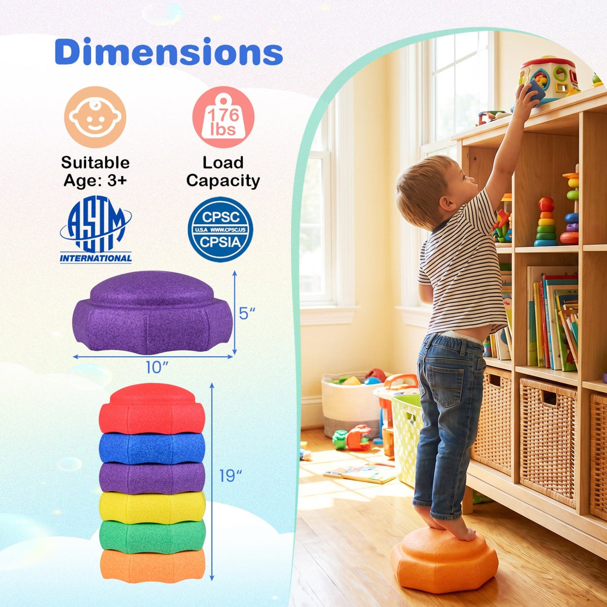 Six colorful stepping stones for kids balance training set, plastic toy for indoor and outdoor play, by GBruno Store.