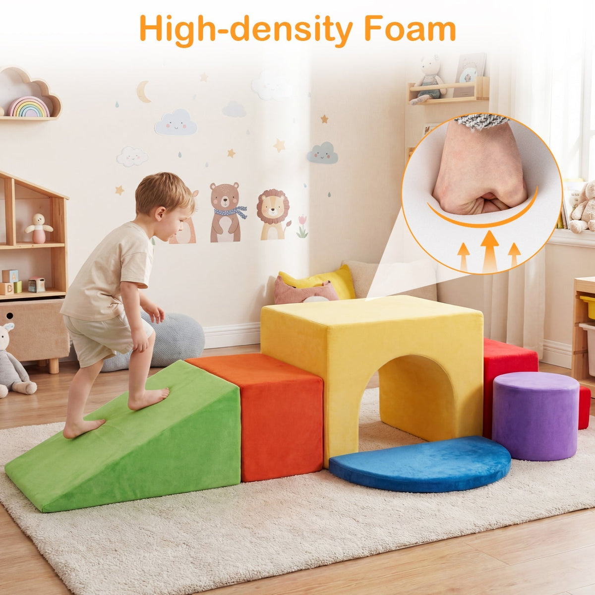 Six-piece foam climbing toy set with slide and tunnel, colorful soft climbing blocks for kids' active play.